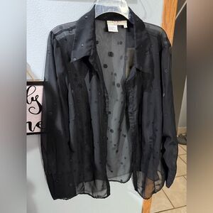 Como Women's Sheer Long Sleeve Button Down Shirt Black Dot Design 1X